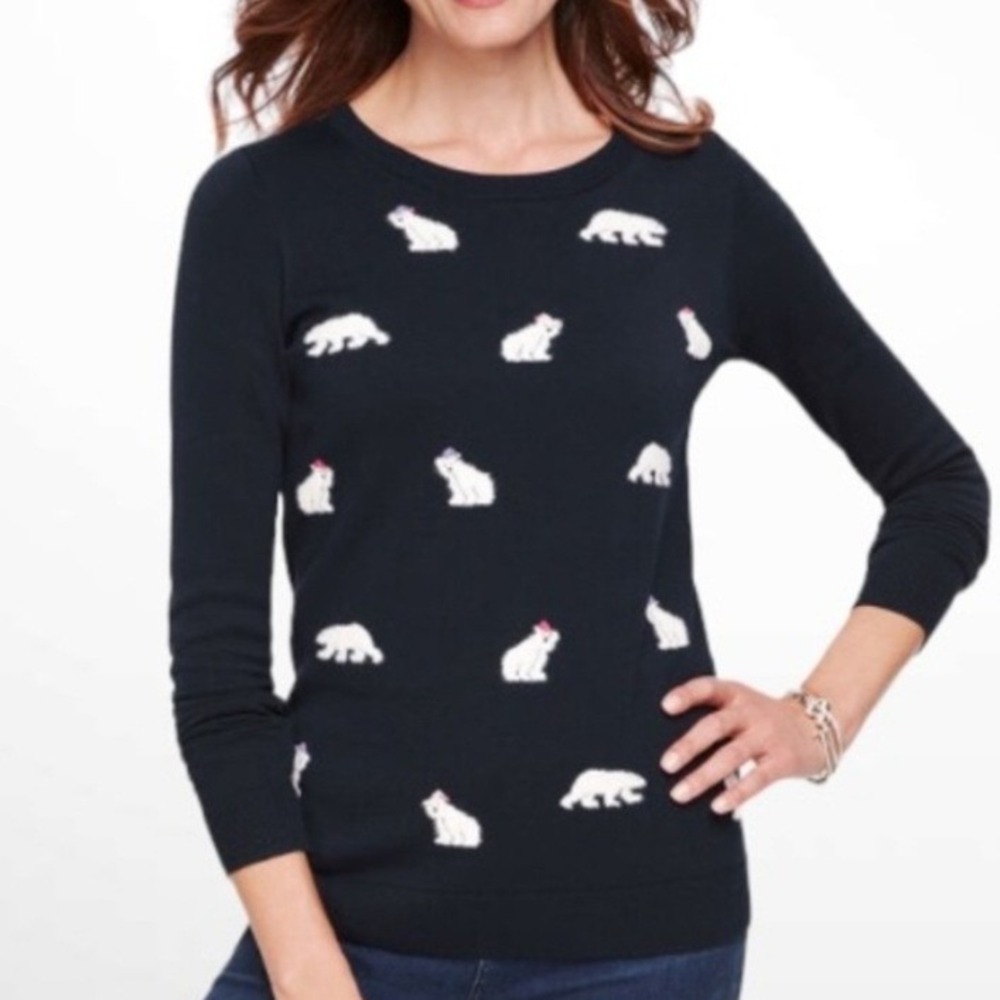 Talbots Womens Mini Fuzzy Polar Bear Sweater Medium Navy Winter Holiday Novelty